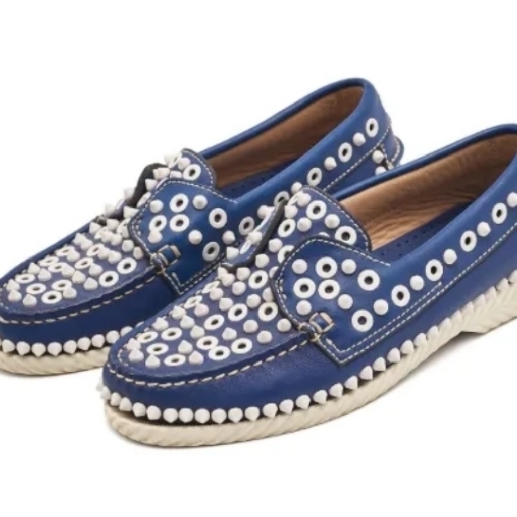 Christian Louboutin Blue Sapphire Suede Yacht Spikes Flat Loafers Size 45